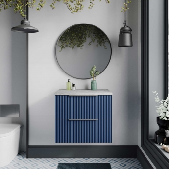 Hudson Reed Fluted Wall Hung 2-Drawer Vanity Unit with Bellato Grey Worktop 600mm Wide - Satin Blue