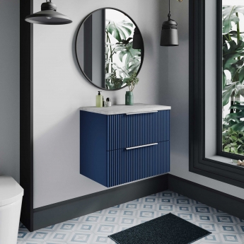 Hudson Reed Fluted Wall Hung 2-Drawer Vanity Unit with Bellato Grey Worktop 600mm Wide - Satin Blue