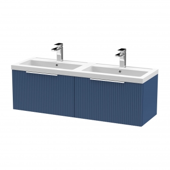 Hudson Reed Fluted Wall Hung 2-Drawer Vanity Unit with Double Polymarble Basin 1200mm Wide - Satin Blue