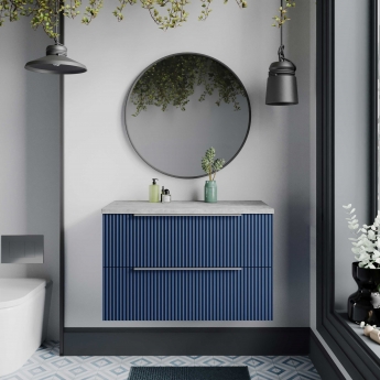 Hudson Reed Fluted Wall Hung 2-Drawer Vanity Unit with Bellato Grey Worktop 800mm Wide - Satin Blue