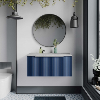 Hudson Reed Fluted Wall Hung 1-Drawer Vanity Unit with Bellato Grey Worktop 800mm Wide - Satin Blue