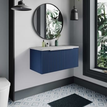 Hudson Reed Fluted Wall Hung 1-Drawer Vanity Unit with Bellato Grey Worktop 800mm Wide - Satin Blue