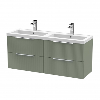 Hudson Reed Fluted Wall Hung 4-Drawer Vanity Unit with Double Polymarble Basin 1200mm Wide - Satin Green