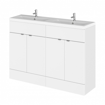 Hudson Reed Fusion Floor Standing 4-Door Vanity Unit with Double Ceramic Basin 1200mm Wide - Gloss White