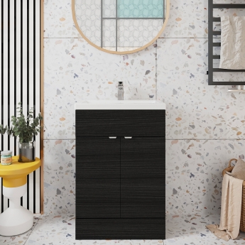 Hudson Reed Fusion Floor Standing Vanity Unit with Ceramic Basin 600mm Wide - Charcoal Black Woodgrain