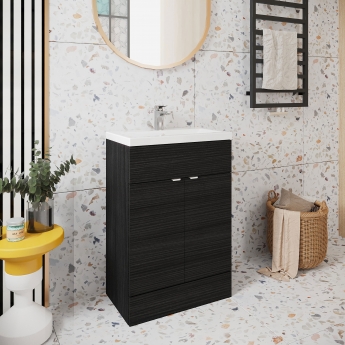 Hudson Reed Fusion Floor Standing Vanity Unit with Ceramic Basin 600mm Wide - Charcoal Black Woodgrain