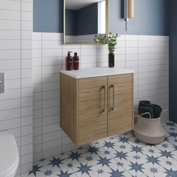 Hudson Reed Juno Wall Hung 2-Door Vanity Unit with Sparkling White Worktop 600mm Wide - Autumn Oak