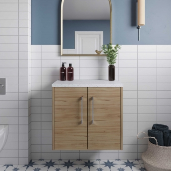 Hudson Reed Juno Wall Hung 2-Door Vanity Unit with Sparkling White Worktop 600mm Wide - Autumn Oak