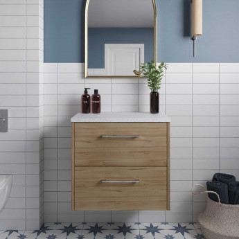 Hudson Reed Juno Wall Hung 2-Drawer Vanity Unit with Sparkling White Worktop 600mm Wide - Autumn Oak