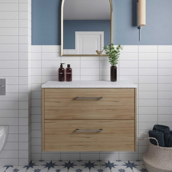 Hudson Reed Juno Wall Hung 2-Drawer Vanity Unit with Sparkling White Worktop 800mm Wide - Autumn Oak