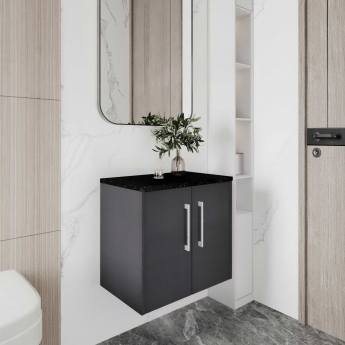 Hudson Reed Juno Wall Hung 2-Door Vanity Unit with Sparkling Black Worktop 600mm Wide - Graphite Grey