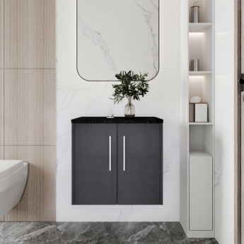 Hudson Reed Juno Wall Hung 2-Door Vanity Unit with Sparkling Black Worktop 600mm Wide - Graphite Grey