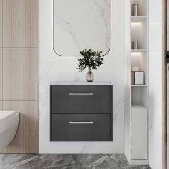 Hudson Reed Juno Wall Hung 2-Drawer Vanity Unit with Sparkling White Worktop 600mm Wide - Graphite Grey