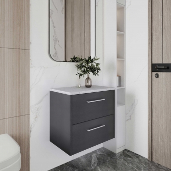 Hudson Reed Juno Wall Hung 2-Drawer Vanity Unit with Sparkling White Worktop 600mm Wide - Graphite Grey