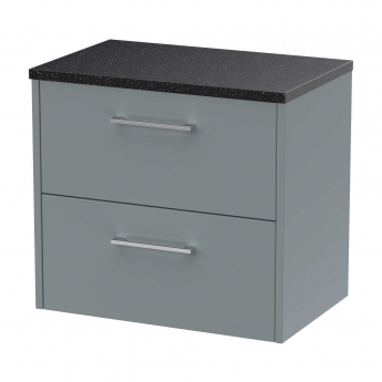 Hudson Reed Juno Wall Hung 2-Drawer Vanity Unit with Sparkling Black Worktop 600mm Wide - Coastal Grey