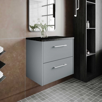 Hudson Reed Juno Wall Hung 2-Drawer Vanity Unit with Sparkling Black Worktop 600mm Wide - Coastal Grey