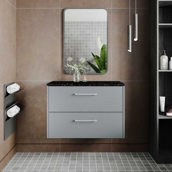 Hudson Reed Juno Wall Hung 2-Drawer Vanity Unit with Sparkling Black Worktop 800mm Wide - Coastal Grey