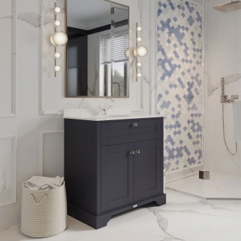 Hudson Reed Old London Floor Standing Vanity Unit with 1TH White Marble Top Basin 800mm Wide - Twilight Blue