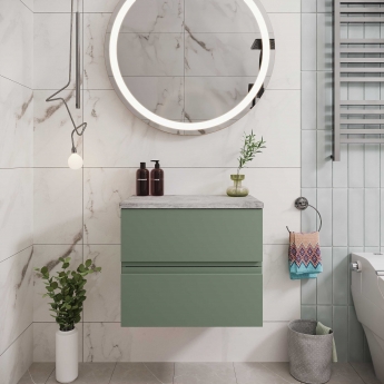 Hudson Reed Urban Wall Hung 2-Drawer Vanity Unit with Bellato Grey Worktop 600mm Wide - Satin Green