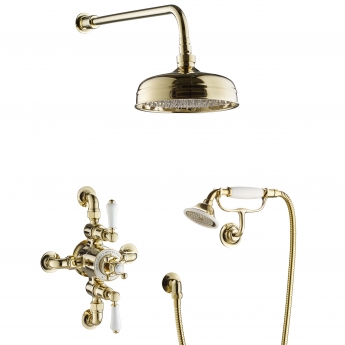 JTP Grosvenor Exposed Thermostatic Shower Mixer with Fixed Shower Head and Handshower - Antique Brass