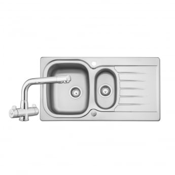 Leisure Eaton 1.5 Bowl Stainless Steel Kitchen Sink with Aquadrift Tap & Waste Kit 950mm L x 508mm W - Satin