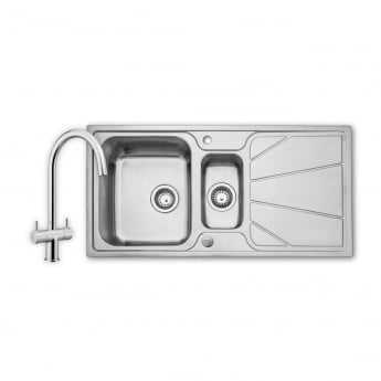 Leisure Nimbus 1.5 Bowl Stainless Steel Kitchen Sink with Aquaswan Dual Tap & Waste Kit 1000mm L x 500mm W - Polished