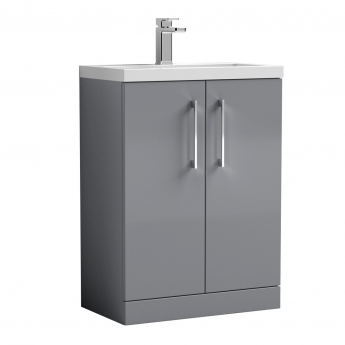 Nuie Arno Compact Floor Standing 2-Door Vanity Unit with Ceramic Basin 600mm Wide - Satin Grey