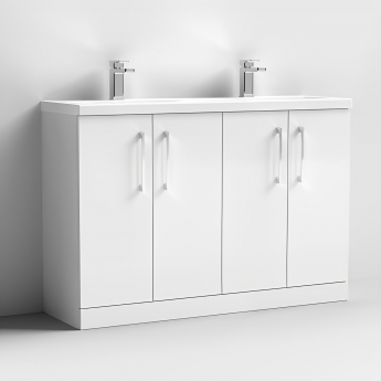 Nuie Arno Floor Standing 4-Door Vanity Unit with Double Ceramic Basin 1200mm Wide - Gloss White