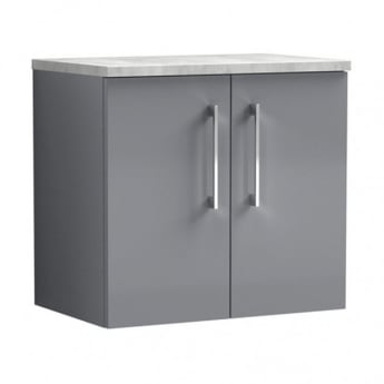 Nuie Arno Wall Hung 2-Door Vanity Unit with Bellato Grey Worktop 600mm Wide - Satin Grey