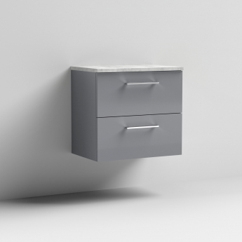 Nuie Arno Wall Hung 2-Drawer Vanity Unit with Bellato Grey Worktop 600mm Wide - Satin Grey