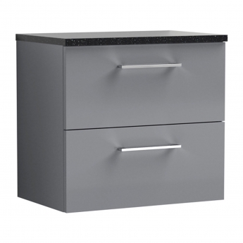 Nuie Arno Wall Hung 2-Drawer Vanity Unit with Bellato Grey Worktop 600mm Wide - Satin Grey