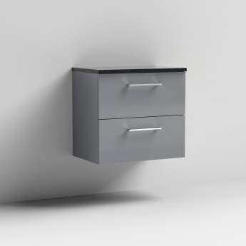 Nuie Arno Wall Hung 2-Drawer Vanity Unit with Bellato Grey Worktop 600mm Wide - Satin Grey