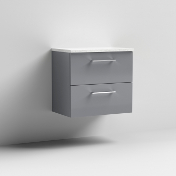 Nuie Arno Wall Hung 2-Drawer Vanity Unit with Sparkling White Worktop 600mm Wide - Satin Grey