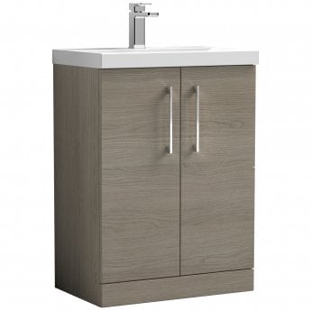 Nuie Arno Floor Standing 2-Door Vanity Unit with Basin-3 600mm Wide - Solace Oak Woodgrain