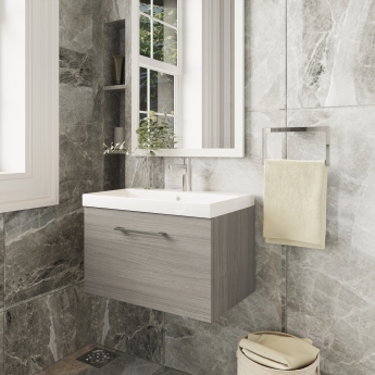 Nuie Arno Wall Hung 1-Drawer Vanity Unit with Basin-3 600mm Wide - Solace Oak Woodgrain