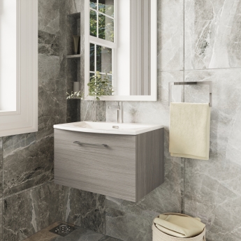 Nuie Arno Wall Hung 1-Drawer Vanity Unit with Basin-4 600mm Wide - Solace Oak Woodgrain