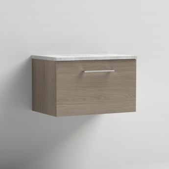 Nuie Arno Wall Hung 1-Drawer Vanity Unit with Bellato Grey Worktop 600mm Wide - Solace Oak Woodgrain