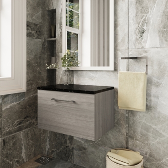 Nuie Arno Wall Hung 1-Drawer Vanity Unit with Sparkling Black Worktop 600mm Wide - Solace Oak Woodgrain