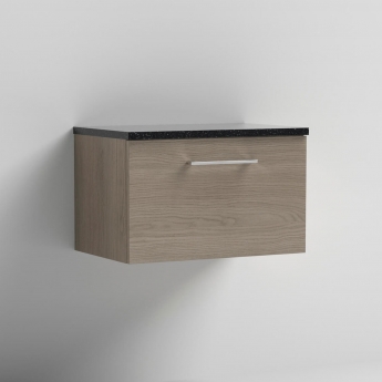 Nuie Arno Wall Hung 1-Drawer Vanity Unit with Sparkling Black Worktop 600mm Wide - Solace Oak Woodgrain