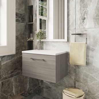 Nuie Arno Wall Hung 1-Drawer Vanity Unit with Sparkling White Worktop 600mm Wide - Solace Oak Woodgrain