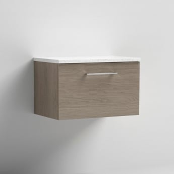 Nuie Arno Wall Hung 1-Drawer Vanity Unit with Sparkling White Worktop 600mm Wide - Solace Oak Woodgrain