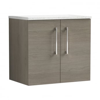 Nuie Arno Wall Hung 2-Door Vanity Unit with Sparkling White Worktop 600mm Wide - Solace Oak Woodgrain