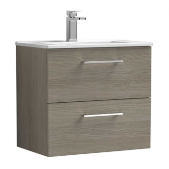 Nuie Arno Wall Hung 2-Drawer Vanity Unit with Basin-2 600mm Wide - Solace Oak Woodgrain