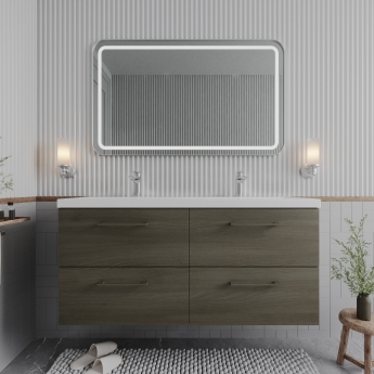 Nuie Arno Wall Hung 4-Drawer Vanity Unit with Double Polymarble Basin 1200mm Wide - Solace Oak Woodgrain