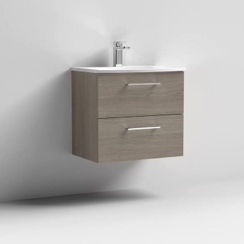 Nuie Arno Wall Hung 2-Drawer Vanity Unit with Basin-4 600mm Wide - Solace Oak Woodgrain