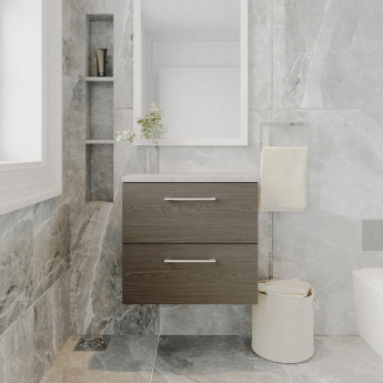 Nuie Arno Wall Hung 2-Drawer Vanity Unit with Bellato Grey Worktop 600mm Wide - Solace Oak Woodgrain