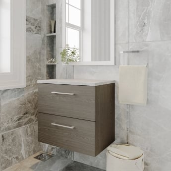 Nuie Arno Wall Hung 2-Drawer Vanity Unit with Bellato Grey Worktop 600mm Wide - Solace Oak Woodgrain