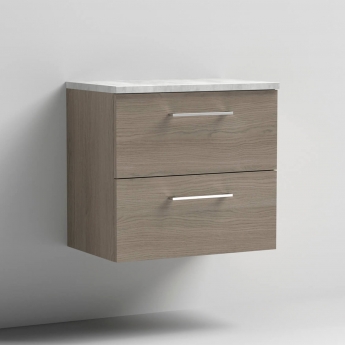 Nuie Arno Wall Hung 2-Drawer Vanity Unit with Bellato Grey Worktop 600mm Wide - Solace Oak Woodgrain