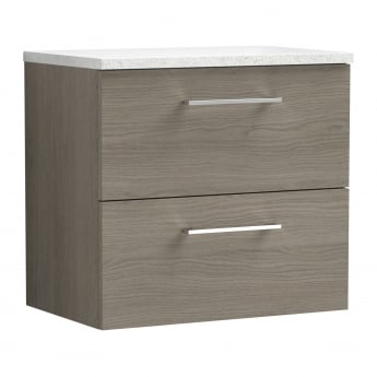 Nuie Arno Wall Hung 2-Drawer Vanity Unit with Sparkling White Worktop 600mm Wide - Solace Oak Woodgrain