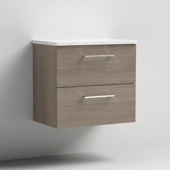 Nuie Arno Wall Hung 2-Drawer Vanity Unit with Sparkling White Worktop 600mm Wide - Solace Oak Woodgrain